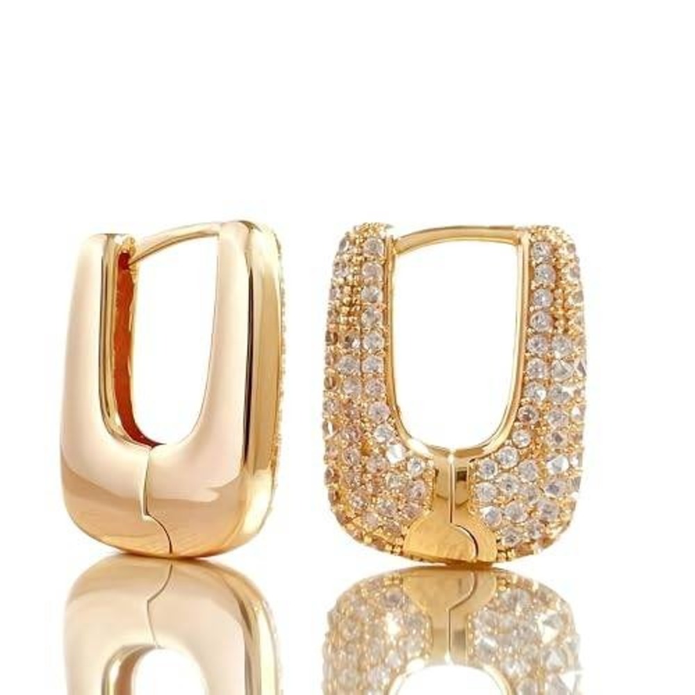 Gold Tone Rectangular U-Shape Pave‎ Crystal Huggie Hoop Earrings
